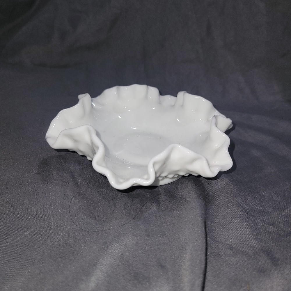 Vintage Fenton White Milk Glass Hobnail Bowl Candy Dish Ruffled Edge 5 1/2"